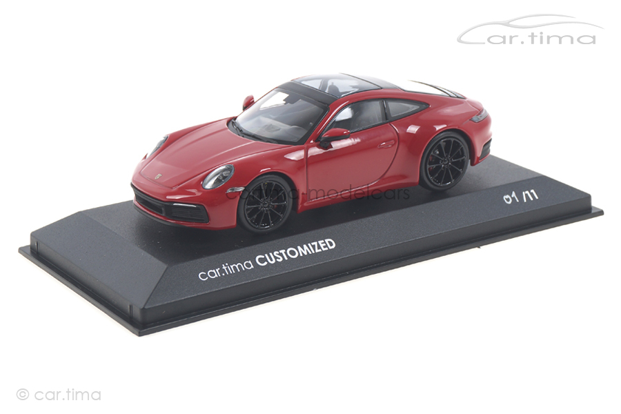 Porsche 911 (992) Carrera 4S Karminrot / Rad schwarz - Minichamps car.tima CUSTOMIZED