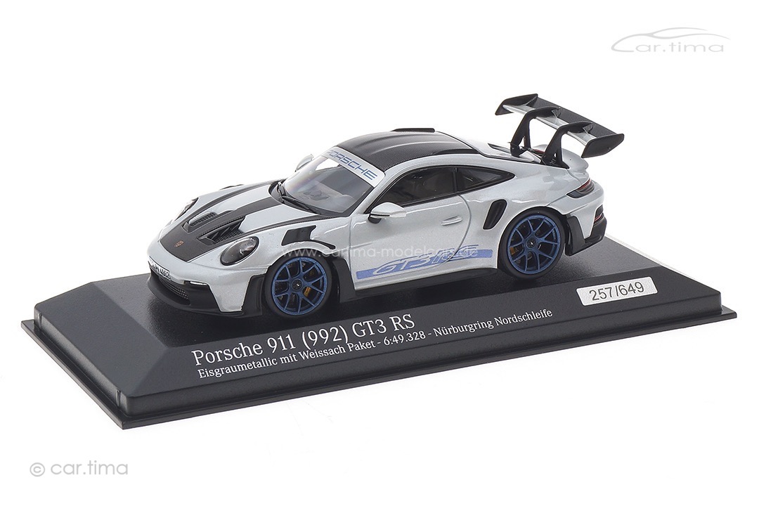Porsche 911 (992) GT3 RS Weissach Paket Eisgraumet./Rad Indigoblau Minichamps 1:43 410062108